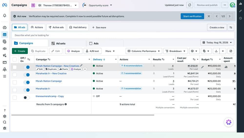 Meta Ads Manager — live campaigns